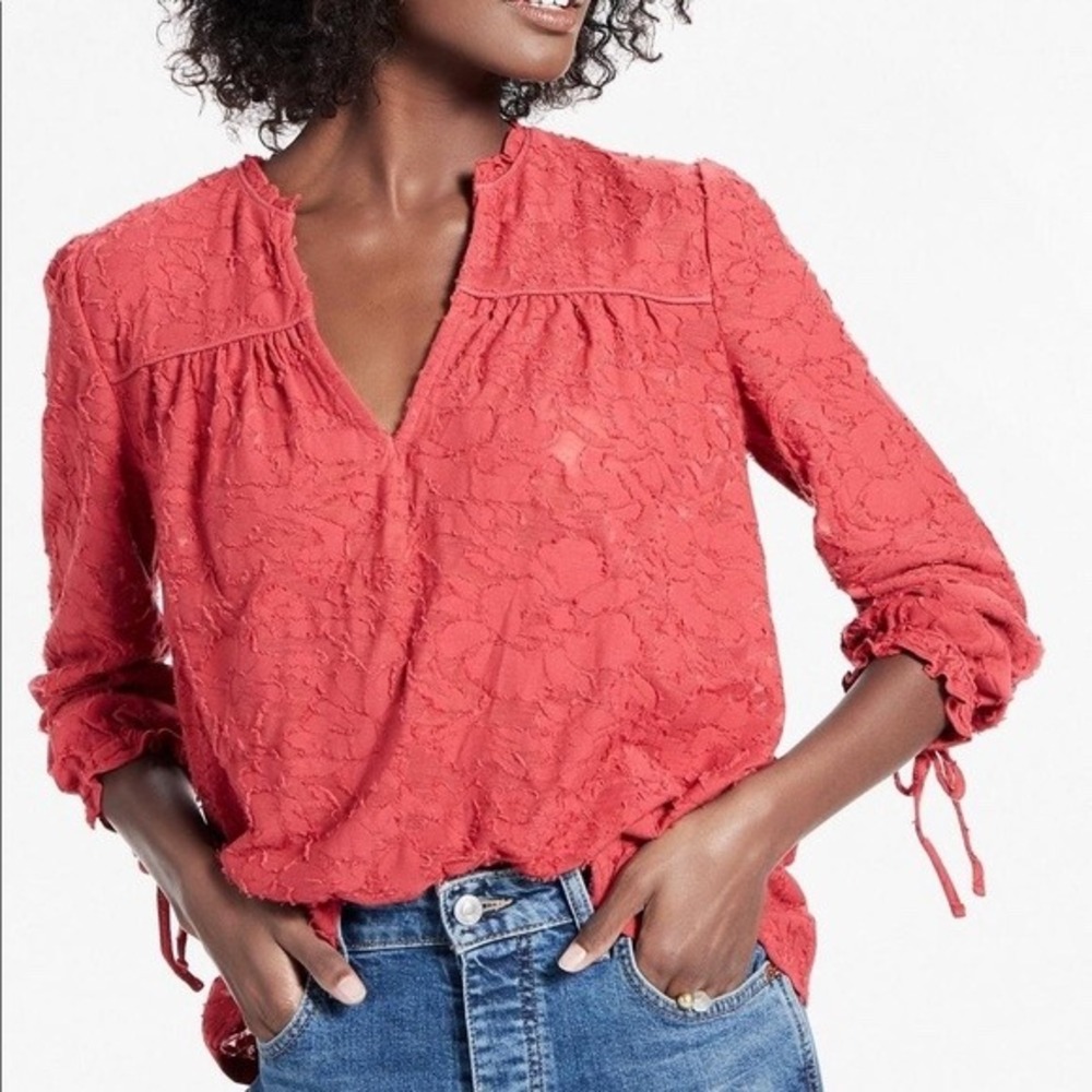 Lucky Brand Clip Jacquard Peasant Top Shirt Small Earth Red Boho Prairie